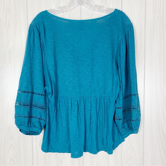 Anthropologie | Kaye Pintucked Babydoll Bell Sleeve Top Blouse Teal Size Medium - Picture 2 of 14